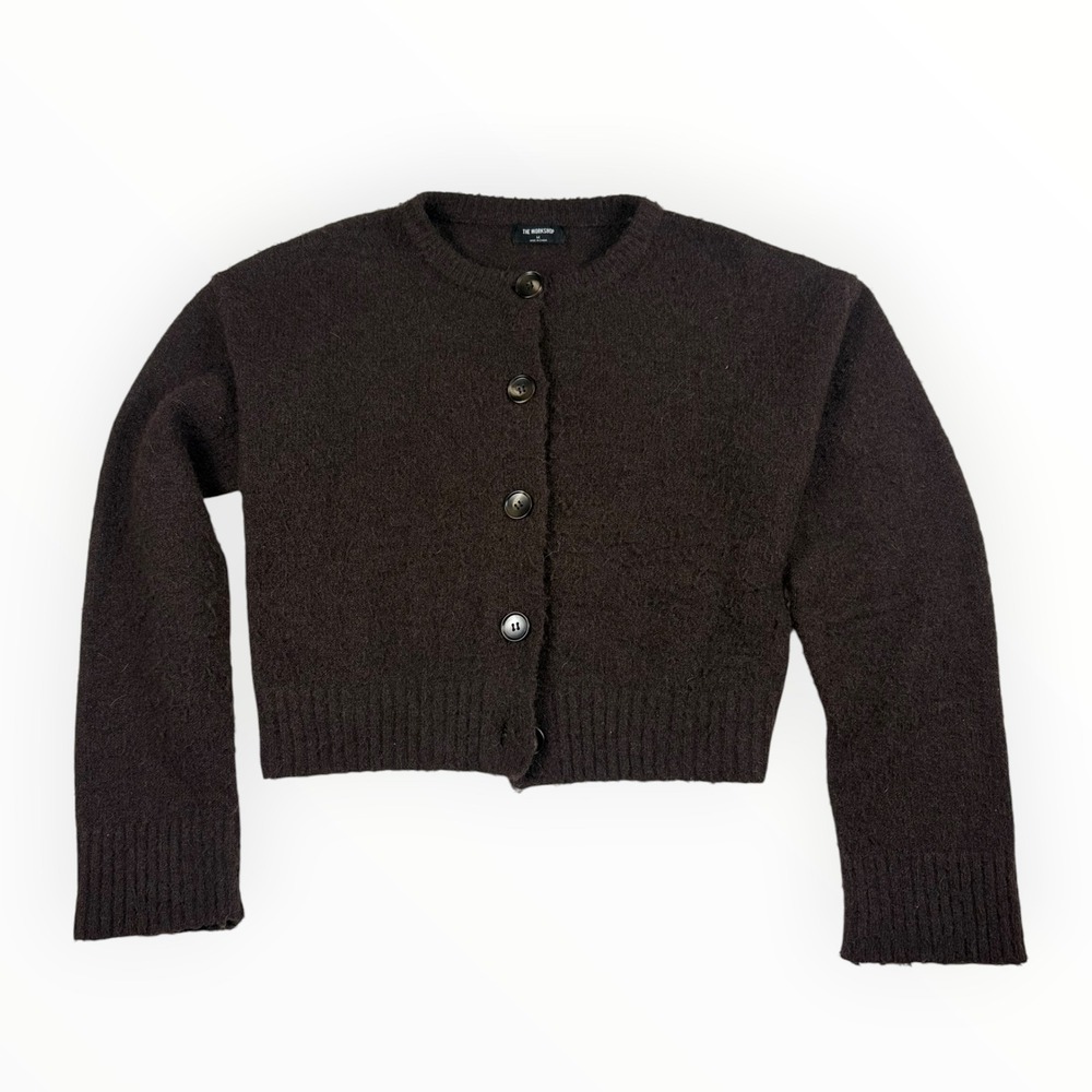 The Workshop Womens Dark Brown Fuzzy Cropped Cardigan Sweater Size M